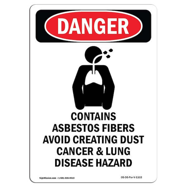 Safety Sign, OSHA Danger, 5" Height, Contains Asbestos Fibers, Portrait, 10PK